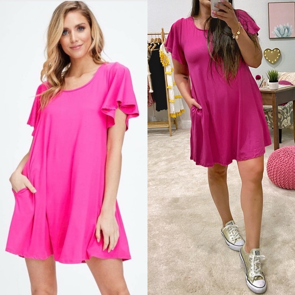 Fuchsia Pink Flowwy Swing Tie Back Jersey Modal Dress with Pockets